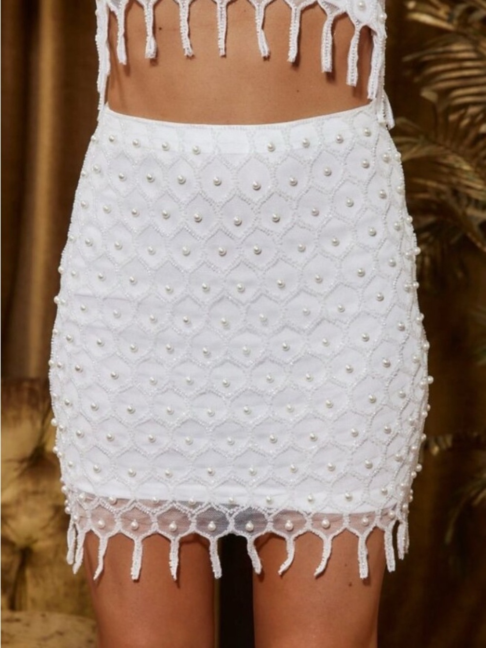 12th Tribe White Pearl-Embellished Lace Mini Skirt